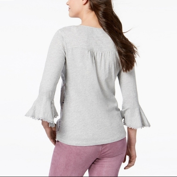 STYLE & CO Heather Grey Embroidered Boho Peasant Top with Bell Sleeves s… - Picture 2 of 9
